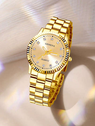 6pcs/Set Ladies` Stainless Steel Strap Luxury Quartz Watch And V Shaped Jewelry Set