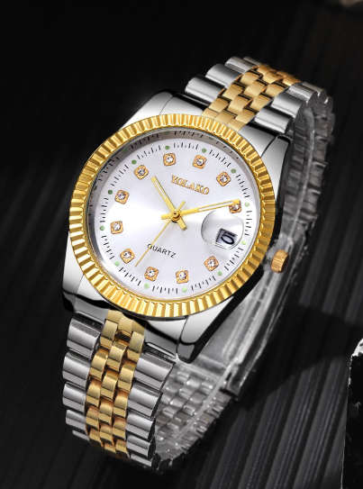 1pc Fashion Versatile Business Calendar Men`s Round Diamond Steel Band Gold Quartz Watch