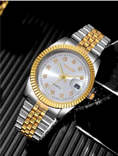 1pc Fashion Versatile Business Calendar Men`s Round Diamond Steel Band Gold Quartz Watch
