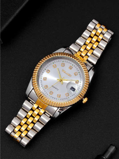 1pc Fashion Versatile Business Calendar Men`s Round Diamond Steel Band Gold Quartz Watch