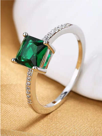 1pc Stainless Steel inlaid Vintage Simple Emerald Square Ring, European And American Style Size 6