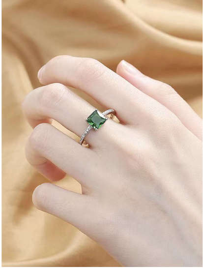 1pc Stainless Steel inlaid Vintage Simple Emerald Square Ring, European And American Style Size 6