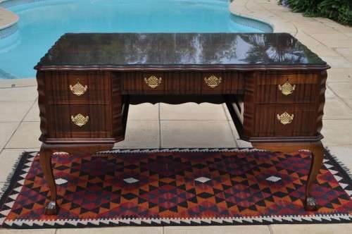 Imbuia Ball & Claw 5 Drawer Desk With Glass Cover  --  Collections Only!!