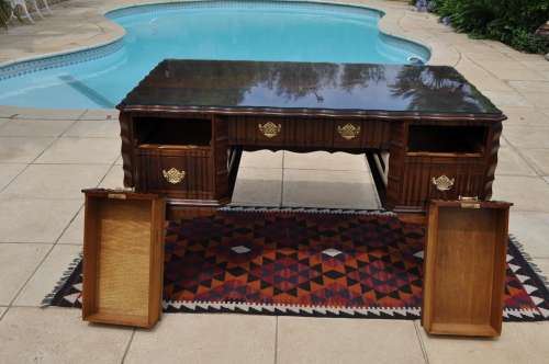 Imbuia Ball & Claw 5 Drawer Desk With Glass Cover  --  Collections Only!!