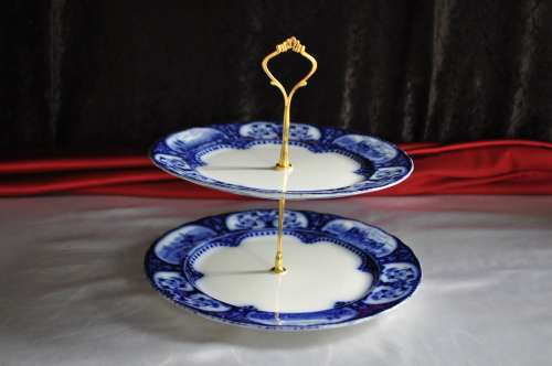 Sampson Hancock & Sons Leicester Flow Blue Circa 1910 Two Tier Cake Stand.