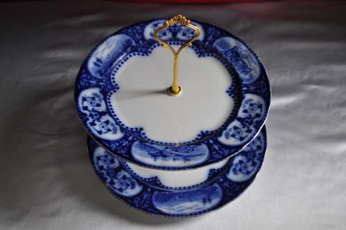 Sampson Hancock & Sons Leicester Flow Blue Circa 1910 Two Tier Cake Stand.