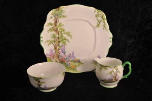 Royal Albert Crown China `Greenwood Tree` Cake Plate, Milk Jug and Sugar Bowl
