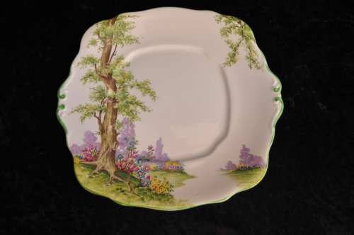 Royal Albert Crown China `Greenwood Tree` Cake Plate, Milk Jug and Sugar Bowl