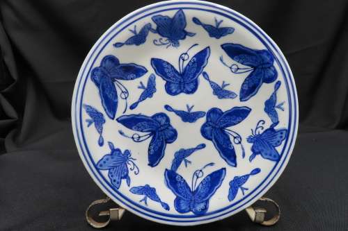 Blue & White Butterfly Pattern Pot Plant Holder with Saucer.