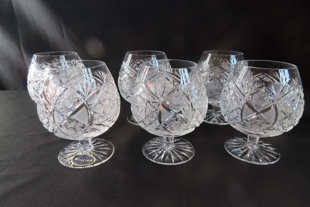 Bohemia Crystal Hand Cut Brandy Glasses x 6 Made in Czechoslovakia.