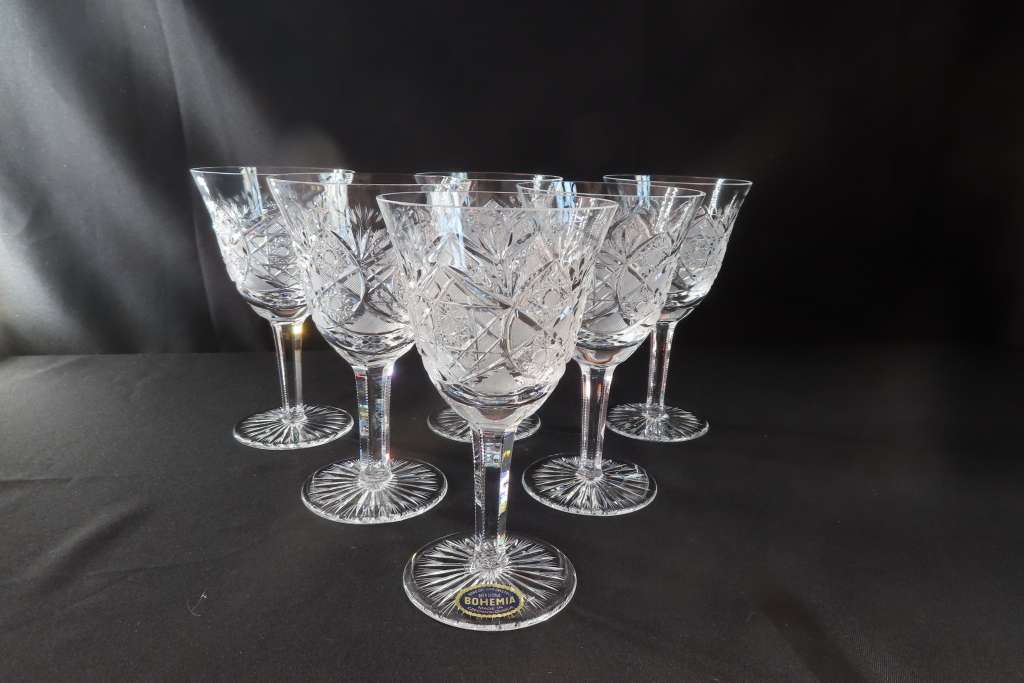 Bohemia Crystal Hand Cut Red Wine Glasses x 6.