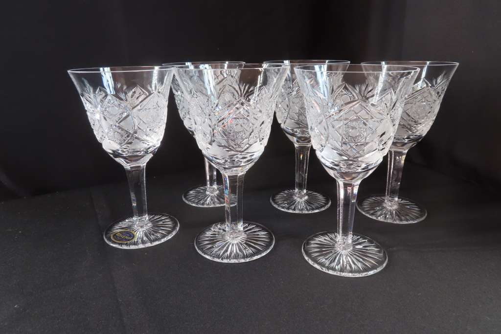 Bohemia Crystal Hand Cut Red Wine Glasses x 6.