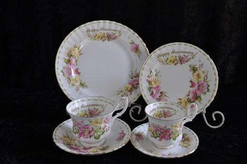 Royal Albert Flower Of The Month Series "Happy Anniversary" Coffee Trio & Tea Trio