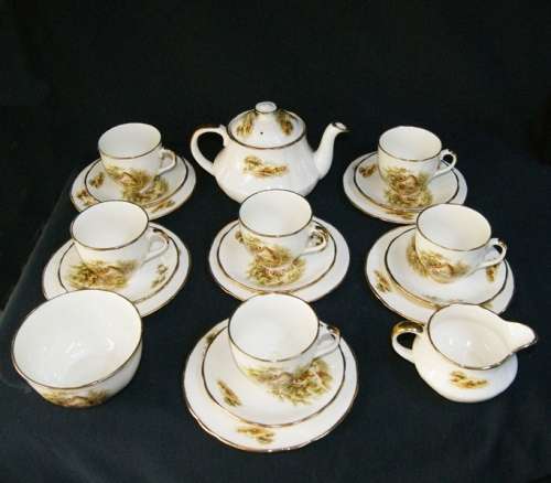 ANTIQUE ALFRED MEAKIN FARMYARD SCENE TEA SET..6 trios, milk,sugar, teapot @@@ CRAAZZY LOW START