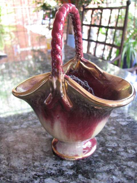 LOVELY VINTAGE BURGUNDY AND GILT PORCELAIN BASKET VASE