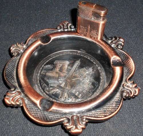 Large Combination Copper Tone Metal Ashtray with Matching Electric Lighter