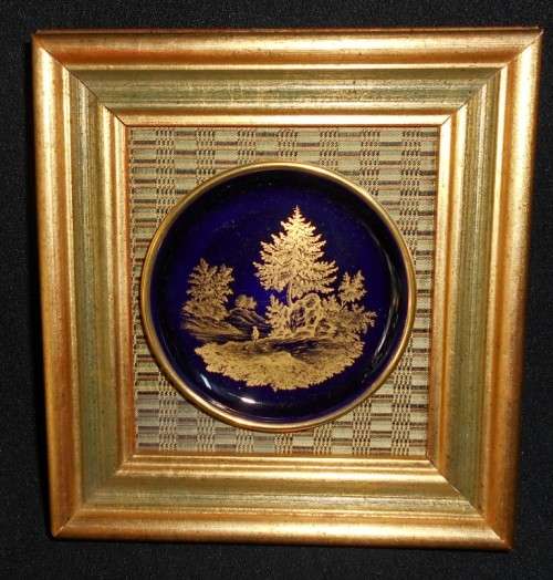 Vintage Decorative Framed Porcelain Blue and Gold Plate