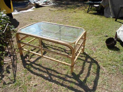 RETRO VINTAGE 1970'S CANE AND GLASS COFFEE TABLE