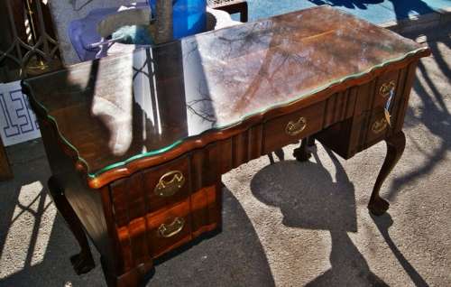 Imbuia Ladies Ball & Claw Linen Fold 5 Drawer Desk with Glass Top