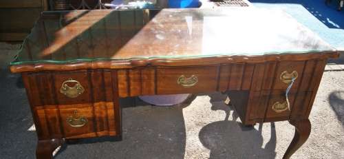 Imbuia Ladies Ball & Claw Linen Fold 5 Drawer Desk with Glass Top