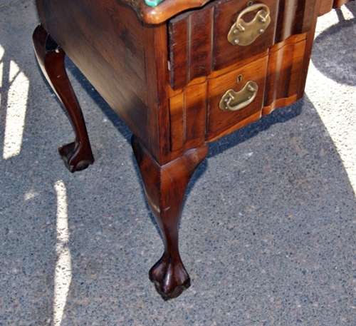 Imbuia Ladies Ball & Claw Linen Fold 5 Drawer Desk with Glass Top