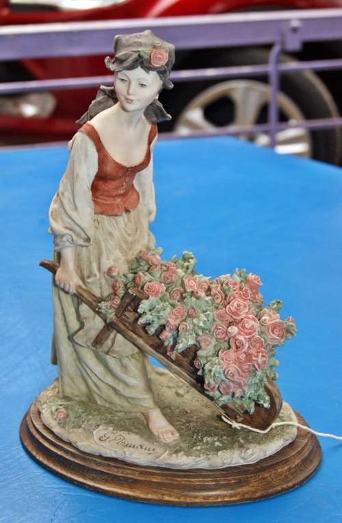 Signed Capodimonte Figure of Lady Pushing a Wheelbarrow