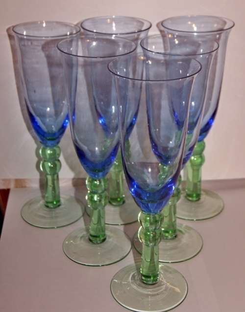 Set of 6 Coloured Glass Champagne Flutes