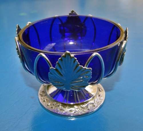 Sugar/ Jam Bowl (Blue Glass Insert) Made in England with Leaf Detail