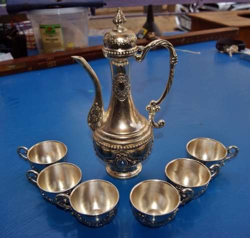 Highly Ornate Turkish Coffee Set Coffee Pot with Lid and 6 Cups