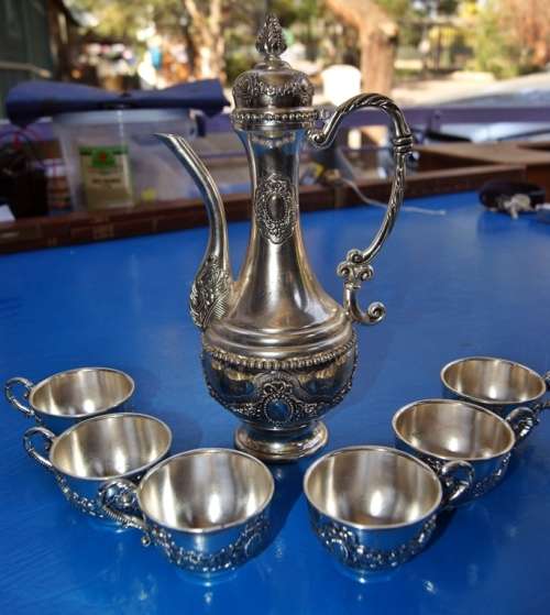 Highly Ornate Turkish Coffee Set Coffee Pot with Lid and 6 Cups