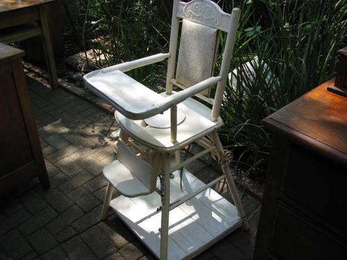 A PAINTED VINTAGE METAMORPHIC BABY'S HIGH/LOW CHAIR.... NEEDS SOME TLC. However it's a good piece!!!