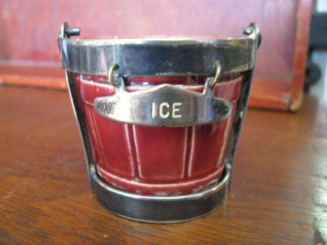 A VERY UNUSUAL PORCELAIN AND SILVER PLATED MINIATURE ICE BUCKET FOR TOOTHPICKS OR COCKTAIL STICKS