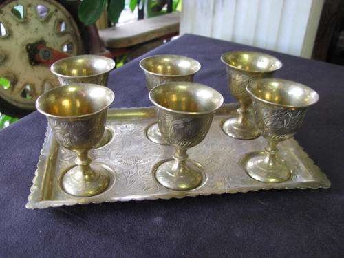 A RETRO BRASS TRAY WITH 6 BRASS GOBLETS.... LOVELY OLD ITEM @@@ CRAZY LOW START