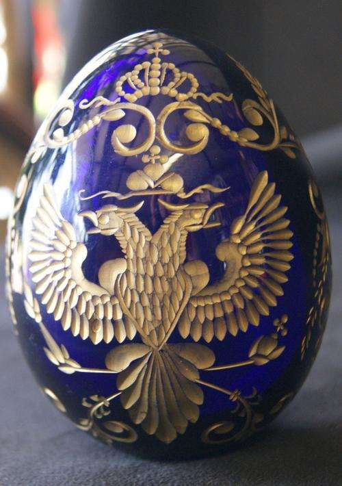 Vintage Faberge Cobalt Blue Double Headed Eagle Glass Crystal Egg Paper Weight - Large
