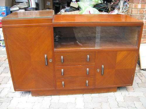 ORIGINAL ART DECO SIDEBOARD ...ORIGINAL HANDLES & KEYS..GLASS SLIDERS/3 DRAWERS/2 CUPBOARDS
