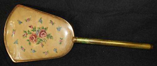 Vintage Brass Handled and Embroidered Stitched Floral Vanity Mirror