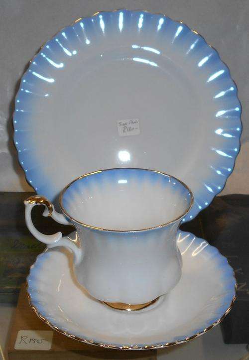 Vintage Royal Albert Rainbow Scalloped Blue Demitasse Cup, Saucer and Plate Trio