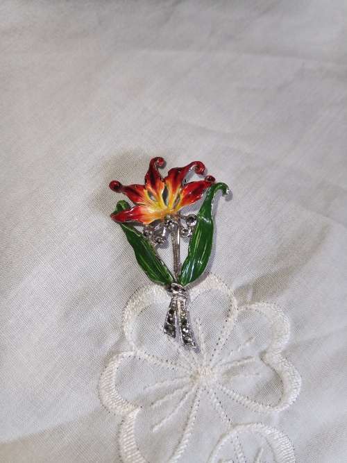 Stunning flame lilly enamel brooch