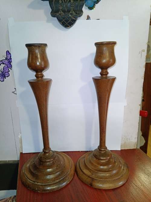 A Beautiful Pair of Antique turned treen candlesticks