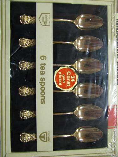 6 MOST AMAZING GERMAN 24 CARAT GP TEASPOONS STILL IN ORIGINAL BOX