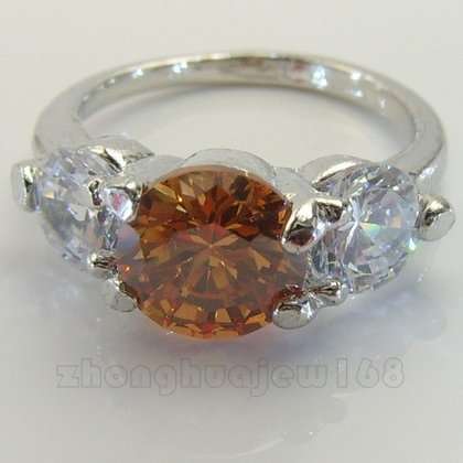 LADY'S CHAMPAGNE SAPPHIRE CZ IN 10KT REAL WHITE GOLD FILLED RING