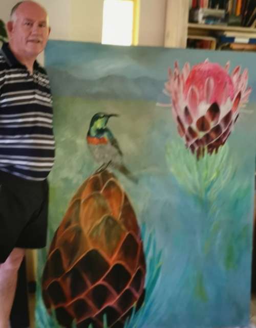 Cape Sugarbird with Proteas 1600 x 1220 x 60 deep