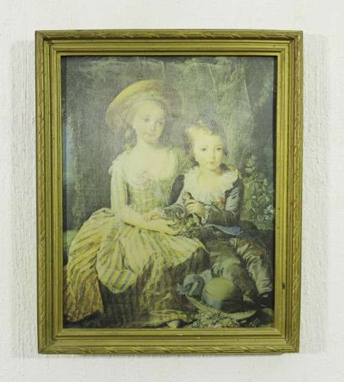 Victorian style print on silk - Two kids in period clothes - Beautiful!! - Low price, bid now!