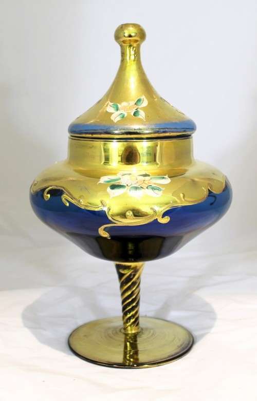 Venetian style pedestal bowl with lid - Blue beauty!! - Low price!! - Bid Now!!!