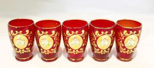 Venetian style - Red shooter glasses - A beautiful 5 piece set! - Low price!! - Bid Now!