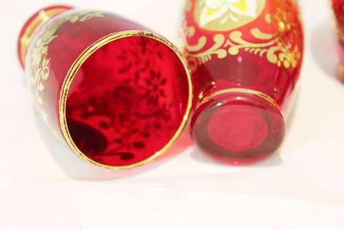 Venetian style - Red shooter glasses - A beautiful 5 piece set! - Low price!! - Bid Now!