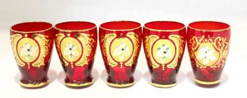 Venetian style - Red shooter glasses - A beautiful 5 piece set! - Low price!! - Bid Now!