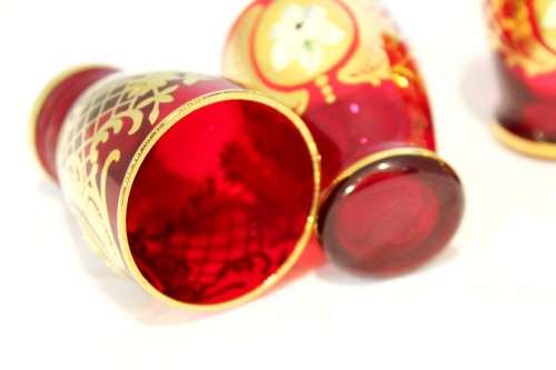Venetian style - Red shooter glasses - A beautiful 5 piece set! - Low price!! - Bid Now!