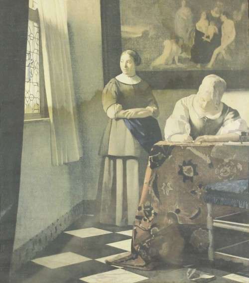 Victorian lady writing - Print - With needle and lace border - Beautiful!! - Bid Now!!!