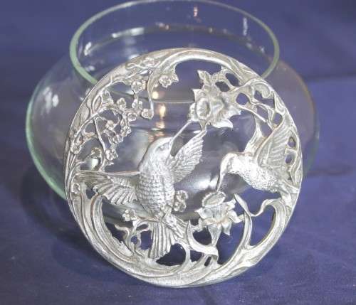 Glass bowl with a Hummingbird metal top - Beautiful!! - Bid Now!!!